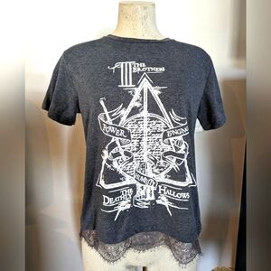 Harry Potter T-Shirt - Three Brothers Deathly Hallows, lace trim. Gray S…